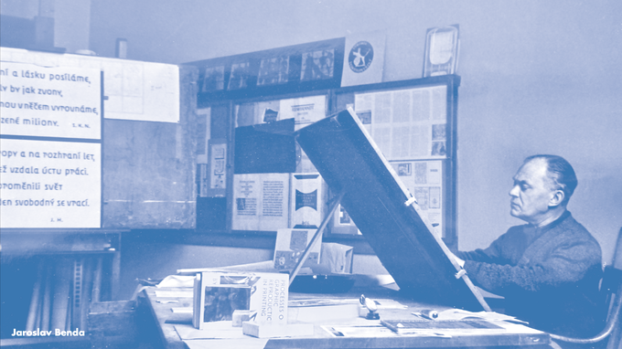 Jaroslav Benda working in his studio, 1930s. Photo from family archive via Kickstarter